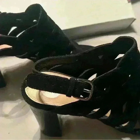 Via Spiga Black Suede Ankle Strap Sandal Heels Open Toe Size 9M Cutout Shoes - Picture 8 of 15